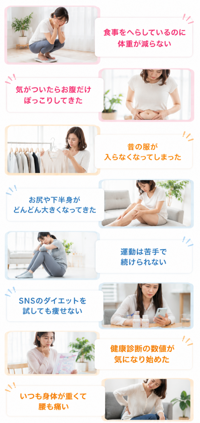 `ダイエットのお悩み一覧｜痩せにくさや体型変化に悩む女性向け整体サポート`
